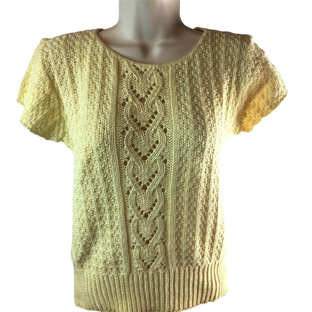 Knit Maven Womens Yellow Short Sleeve Ivory Knit Sweater Top Size M